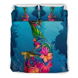 Hawaiian Bedding Set, Fiji Turtle Ocean Hibiscus Duvet Cover