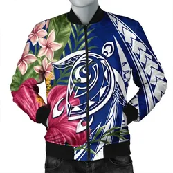 FamilyGater Jacket - Hawaii Polynesian Turtle Tropical Hibiscus Plumeria Bomber Jacket - Blue - AH - J4R
