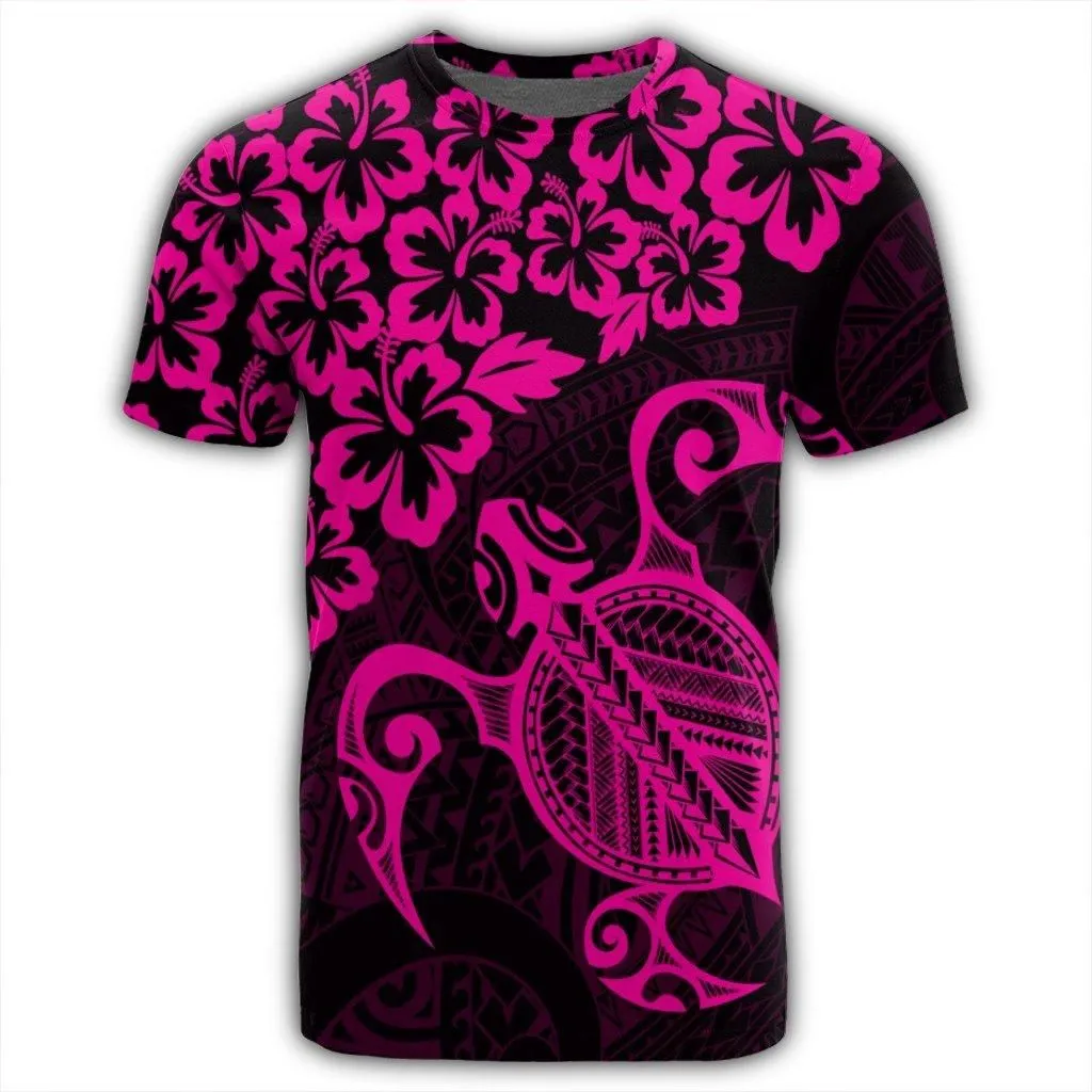 Hawaiian Map Turtle Hibiscus Kanaka Polynesian T-Shirt - Pink - AH