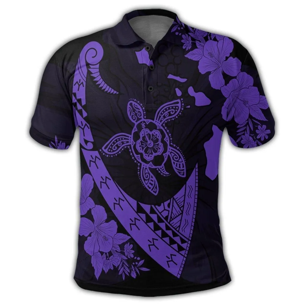 Hawaiian Map Hibiscus Turtle Fish Hook Polynesian Polo Shirt Purple