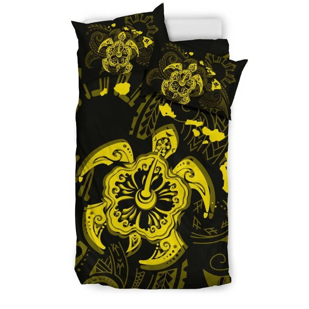 Hawaiian Map Kanaka Hibiscus Turtle Yellow Polynesian Bedding Set - AH - J4