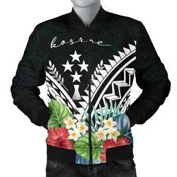 Kosrae Mens Bomber Jacket - Kosrae Coat of Arms & Polynesian Tropical Flowers White
