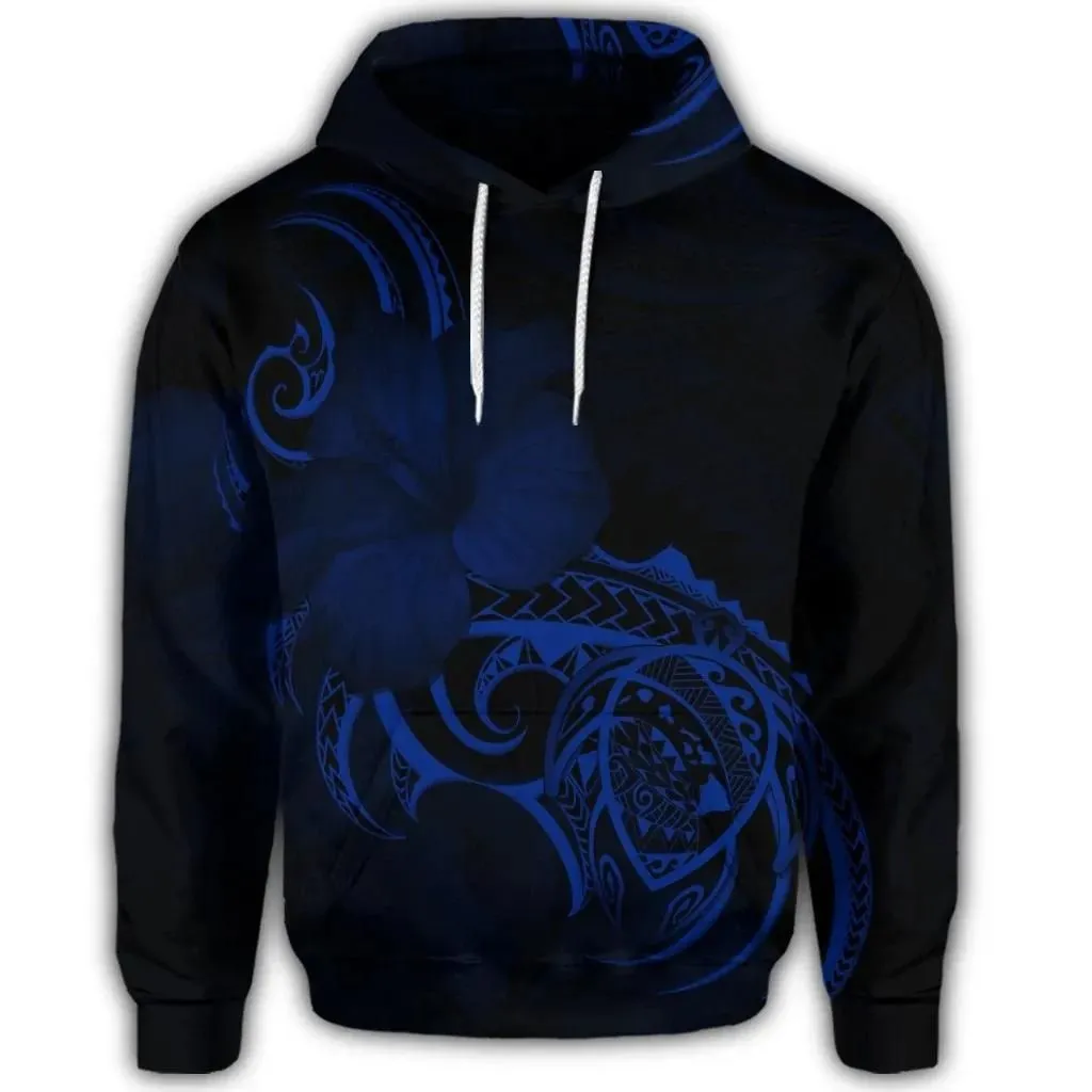 Alohawaii Hoodie - Hawaiian Map Turtle Hibiscus Divise Polynesian Hoodie Blue - AH - JR