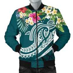 Papua New Guinea Polynesian Mens Bomber Jacket - Summer Plumeria Turquoise