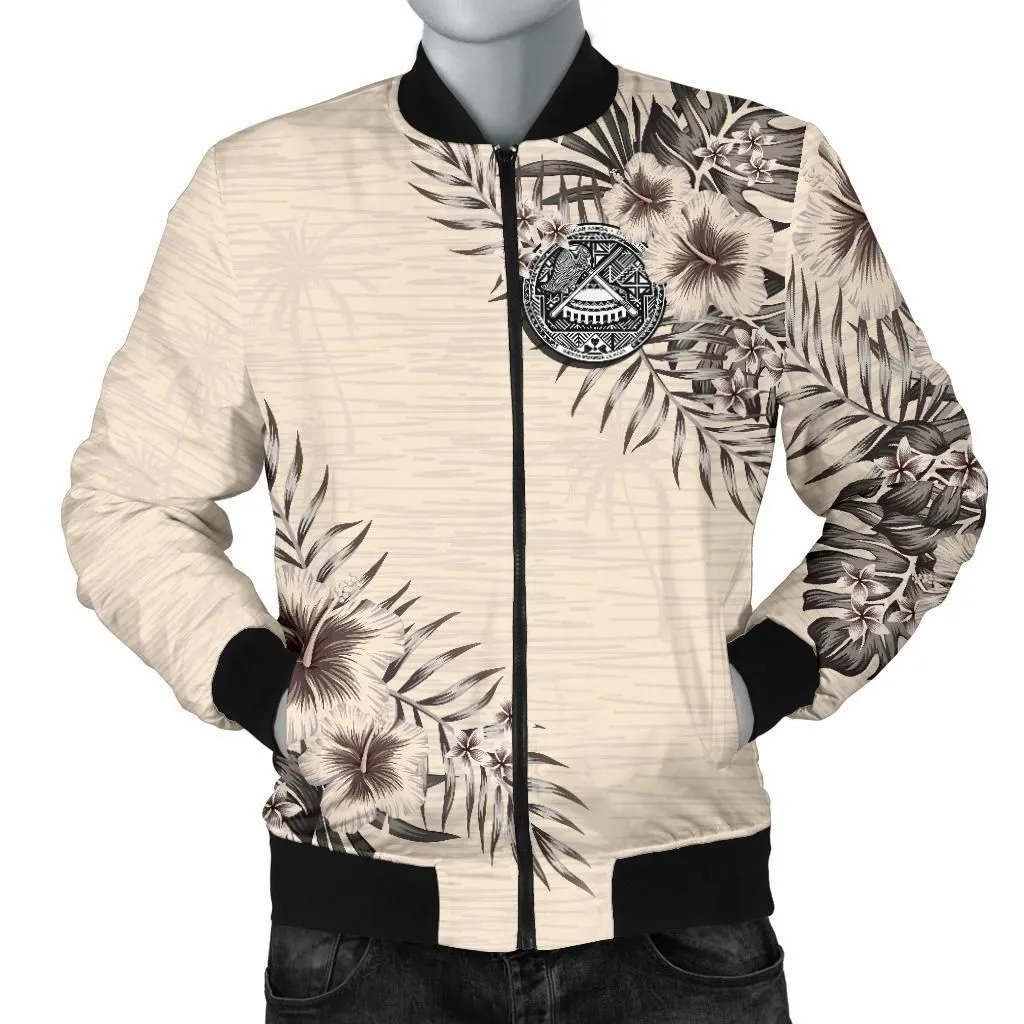 American Samoa Mens Bomber Jacket - The Beige Hibiscus