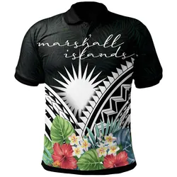 Marshall Islands Polo Shirt -Marshall Islands Coat of Arms & Polynesian Tropical Flowers White