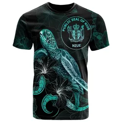 Niue Polynesian T shirt - Turtle With Blooming Hibiscus Turquoise