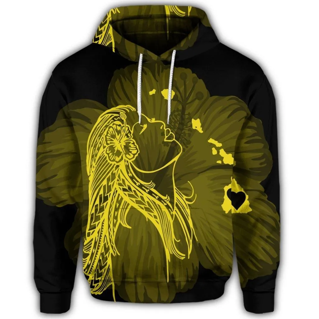 Hawaiian Map Heart Hula Girl Hibiscus Yellow Polynesian Hoodie