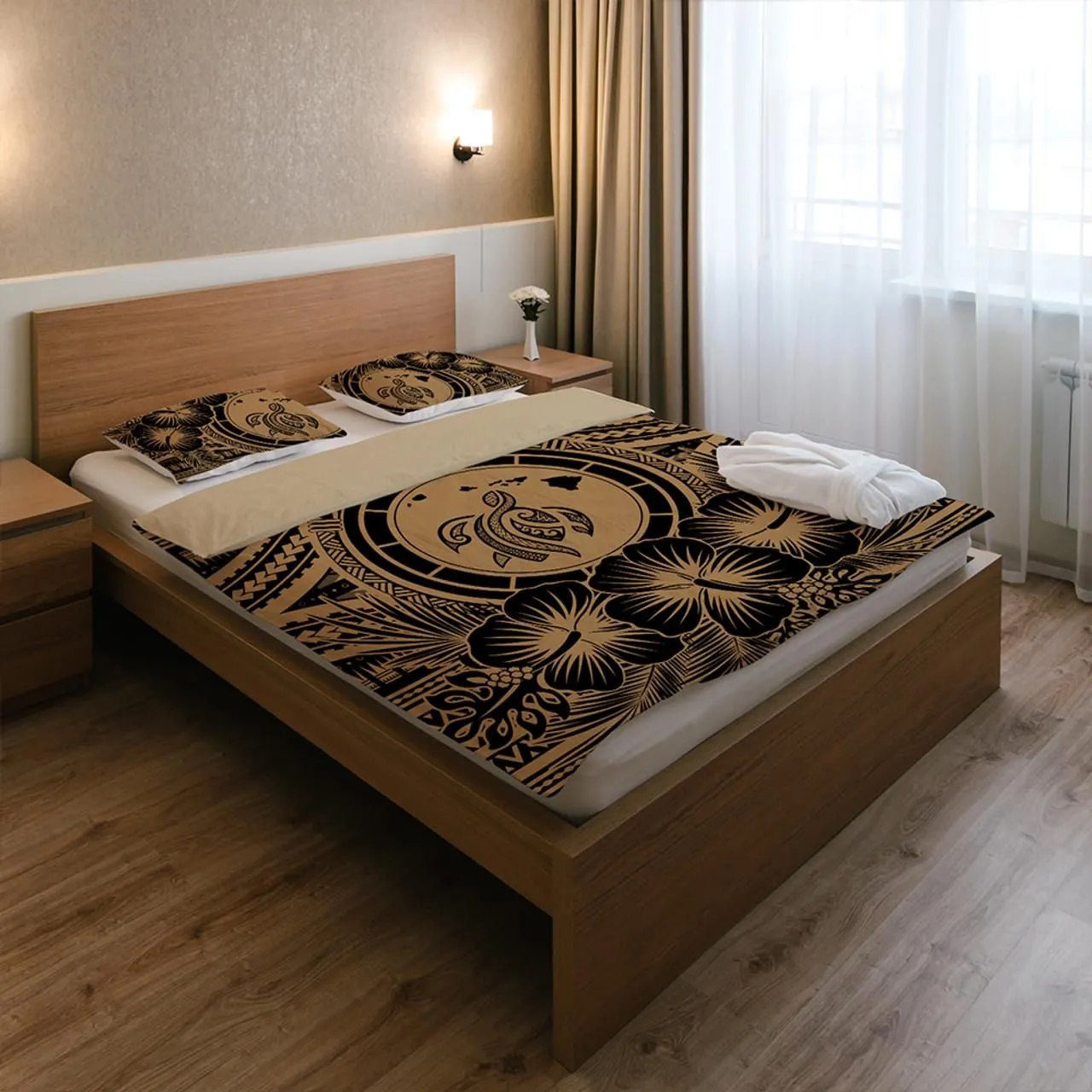 Hawaii Bedding Set Map Honu Hibiscus Polynesian Gold