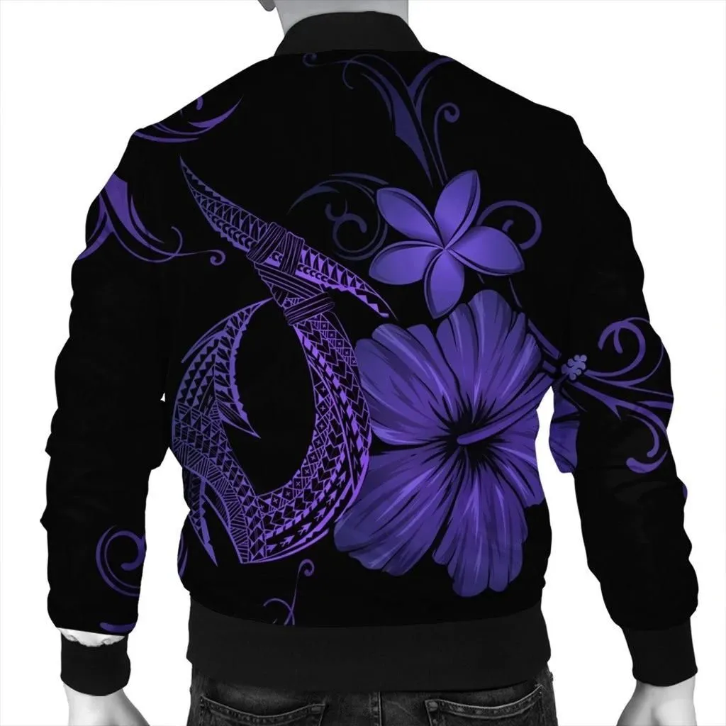 FamilyGaterJacket - Hawaiian Fish Hook Hibiscus Plumeria Polynesian Bomber Jacket - Purple - AH - J4R