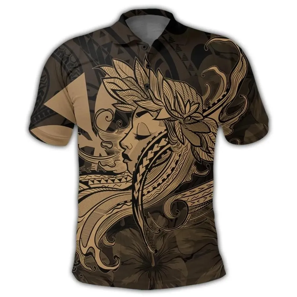 Alohawaii Shirt - Hawaiian Map Hula Girl Hibiscus Kanaka Polynesian Polo Shirt - Gold - AH - J4R