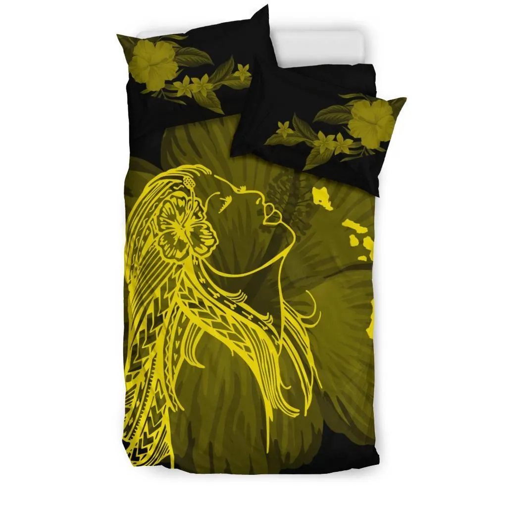 FamilyGater Home Set - Hawaiian Map Heart Hula Girl Hibiscus Polynesian Bedding Set - Yellow - AH J4