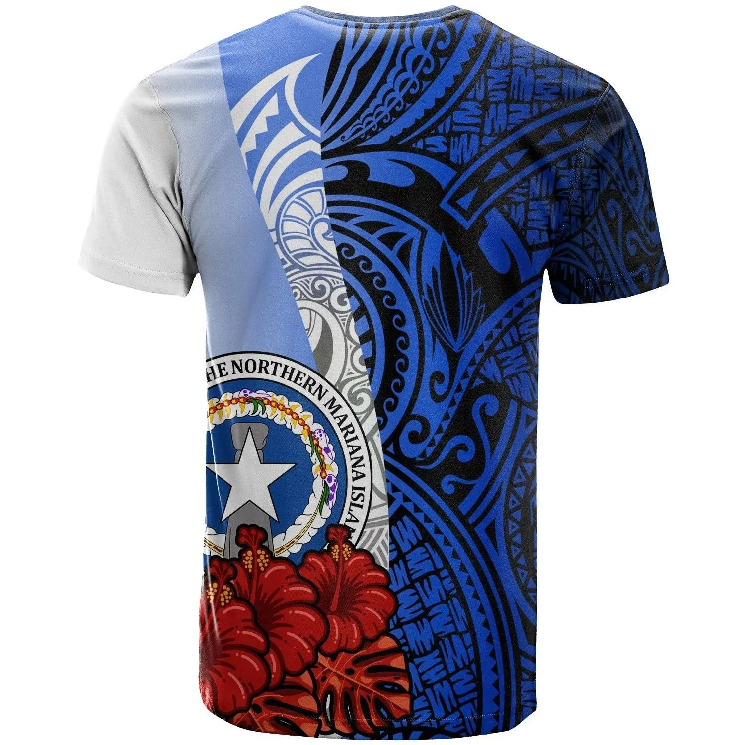 Northern Mariana Islands Polynesian Custom Personalised T-shirt - Coat Of Arm With Hibiscus Blue - BN12