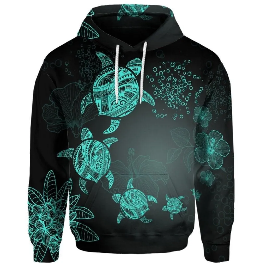 (Personalised) Hawaiian Plumeria Hibiscus Turtle Under Sea Polynesian Hoodie Blue AH