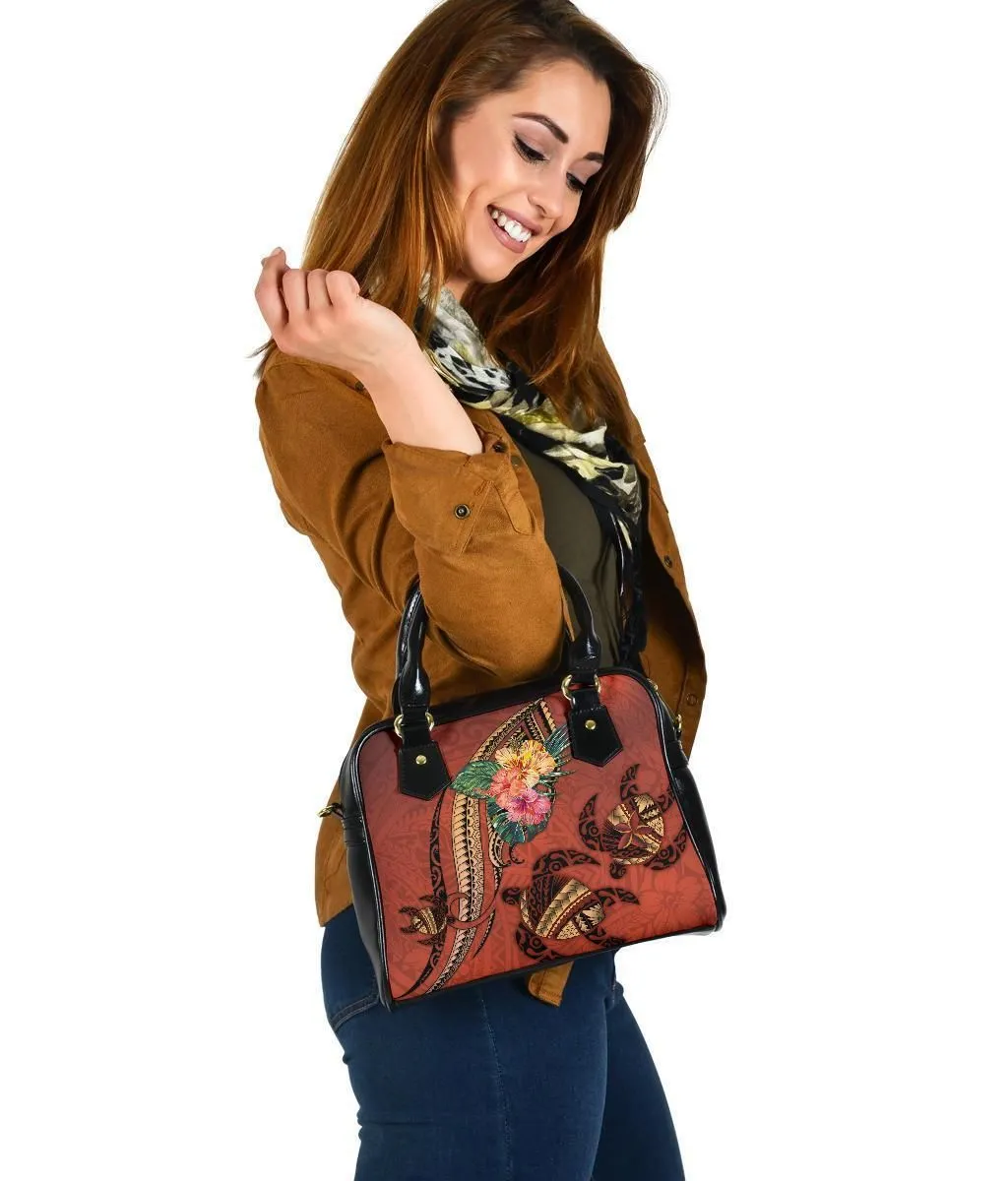 Polynesian Turtle Shoulder Handbag - Tribal Tattoo With Hibiscus Coral