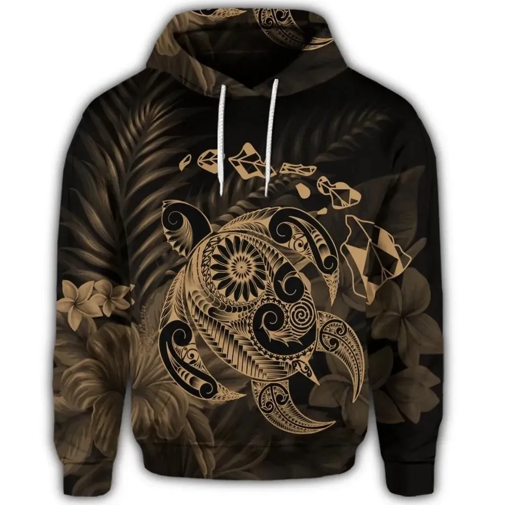 Alohawaii Hoodie - Hawaiian Map Turtle Tattoo Hibiscus Plumeria Polynesian Hoodie - Gold - AH - J4R