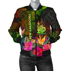 New Caledonia Polynesian Women's Bomber Jacket- Hibiscus and Banana Leaves - BN15