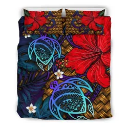 FamilyGater Home Set - Hawaii Lauhala Hibiscus Polynesian Tropical Blue Bedding Set - Wake Style - AH - J4