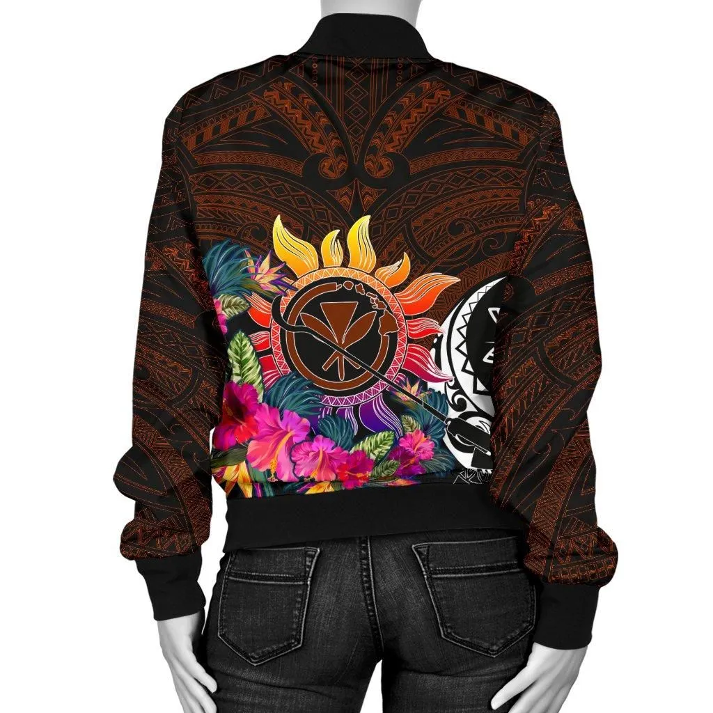 Polynesian Womens Bomber Jackets - Hawaii Kanaka Maoli & Hibiscus Flowers With Polynesian Patterns