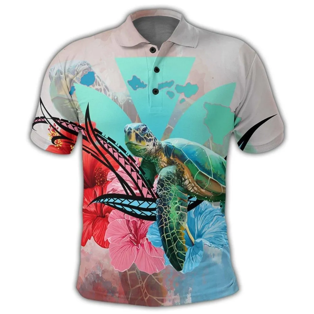 Hawaii Map Kanaka Sea Turtle Hibiscus Polo Shirt - AH - Blue Pink