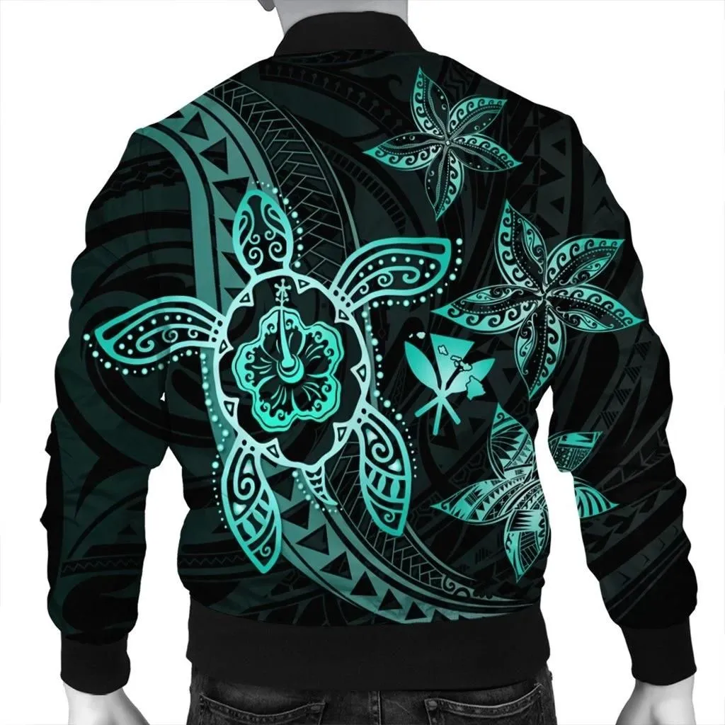 Alohawaii Jacket - Kanaka Map Hibiscus Plumeria Turtle Art Turquoise Polynesian Bomber Jacket - AH - JR
