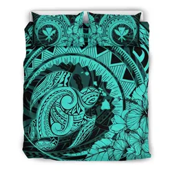 Hawaiian Map Kanaka Honu Hibiscus Turquoise Globular Polynesian Bedding Set - AH - JD