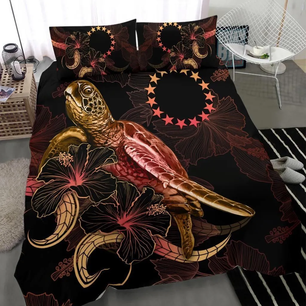 Cook Islands Polynesian Bedding Set - Turtle With Blooming Hibiscus Gold