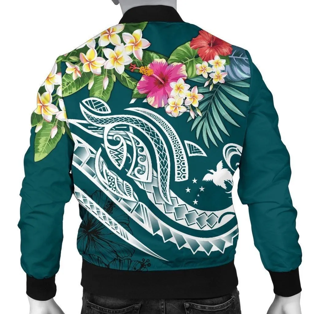 Papua New Guinea Polynesian Mens Bomber Jacket - Summer Plumeria Turquoise