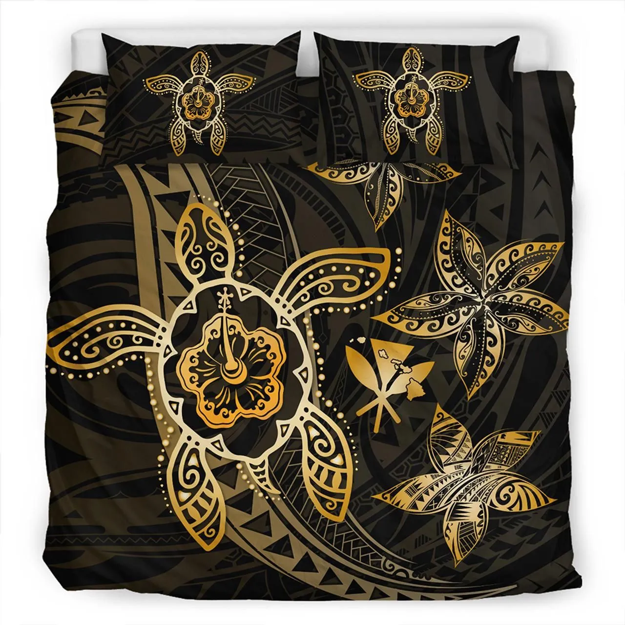 Hawaii Bedding Set Kanaka Maoli Map Hibiscus Plumeria Turtle Art Polynesian Gold
