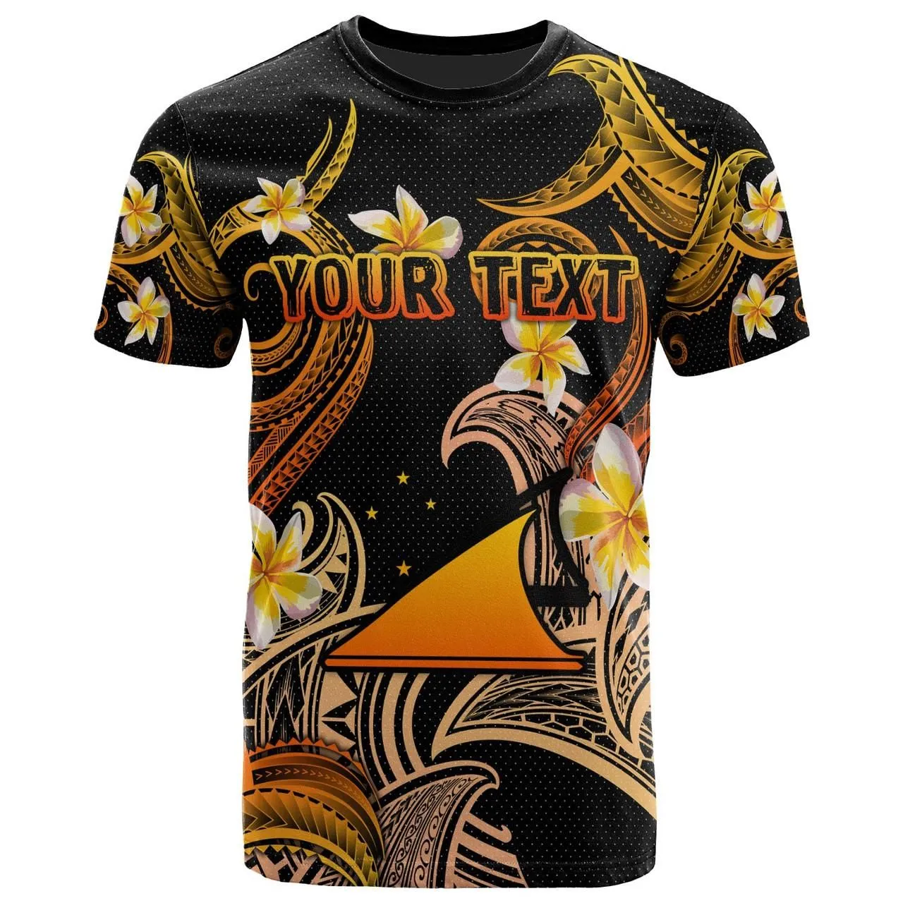 Tokelau T-shirt - Custom Personalised Polynesian Waves with Plumeria Flowers (Orange)