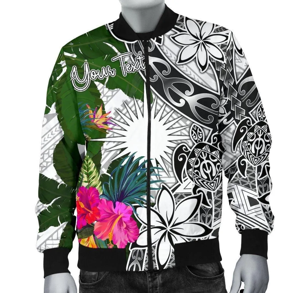 Marshall Islands Custom Personalised Mens Bomber Jacket White - Turtle Plumeria Banana Leaf