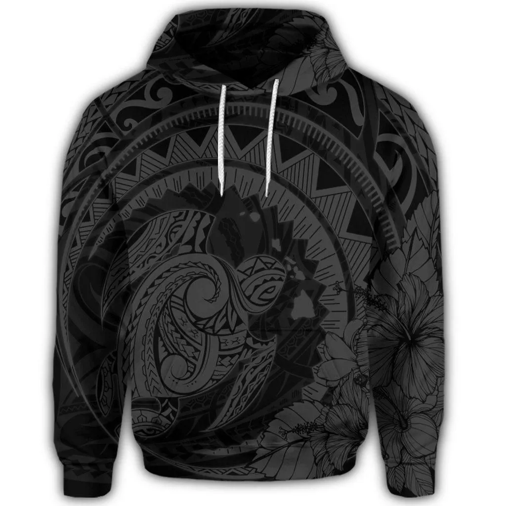 Hawaiian Kanaka Honu Map Hibiscus Globular Polynesian Gray Hoodie