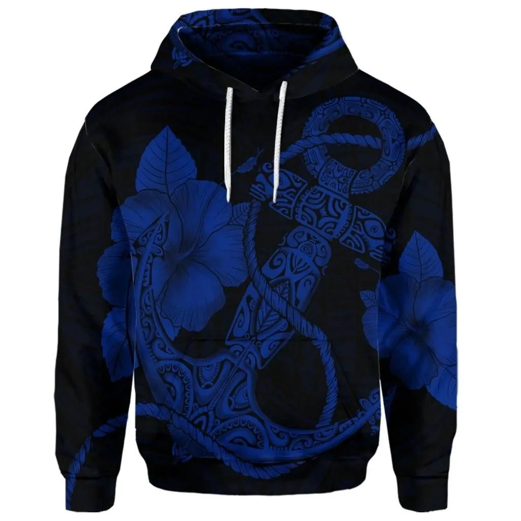 Alohawaii Hoodie - (Personalised) Hawaiian Anchor Poly Tribal Hibiscus Polynesian Hoodie Blue - AH - JR