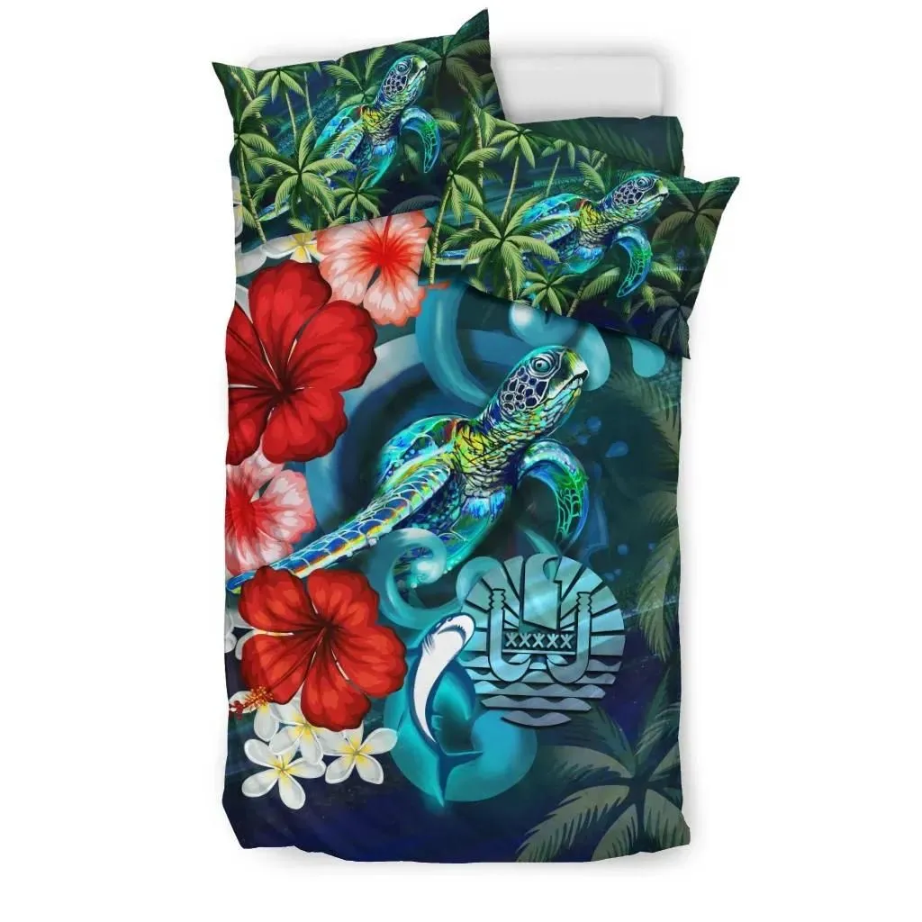 Tahiti Bedding Set - Ocean Turtle Coconut Tree And Hibiscus A24