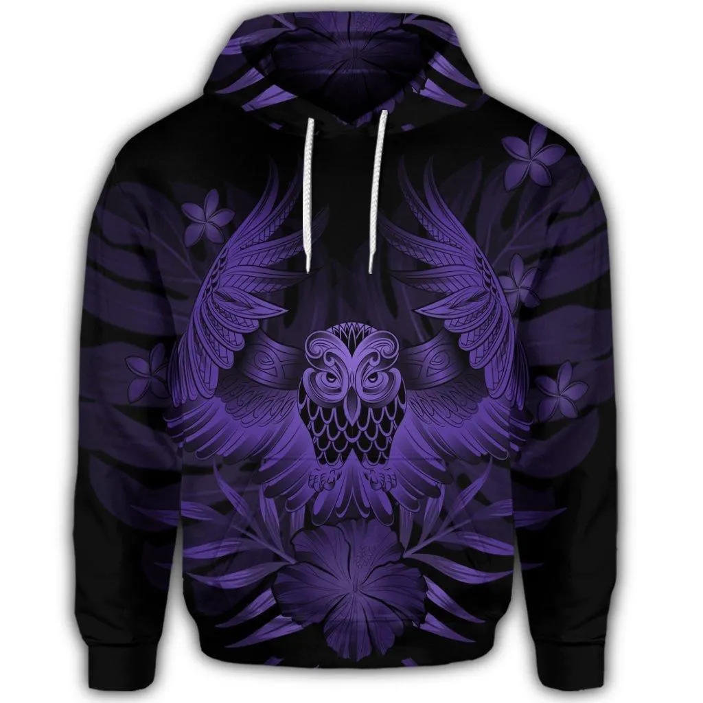 Hawaiian Owl Hibiscus Plumeria Polynesian Hoodie - Purple