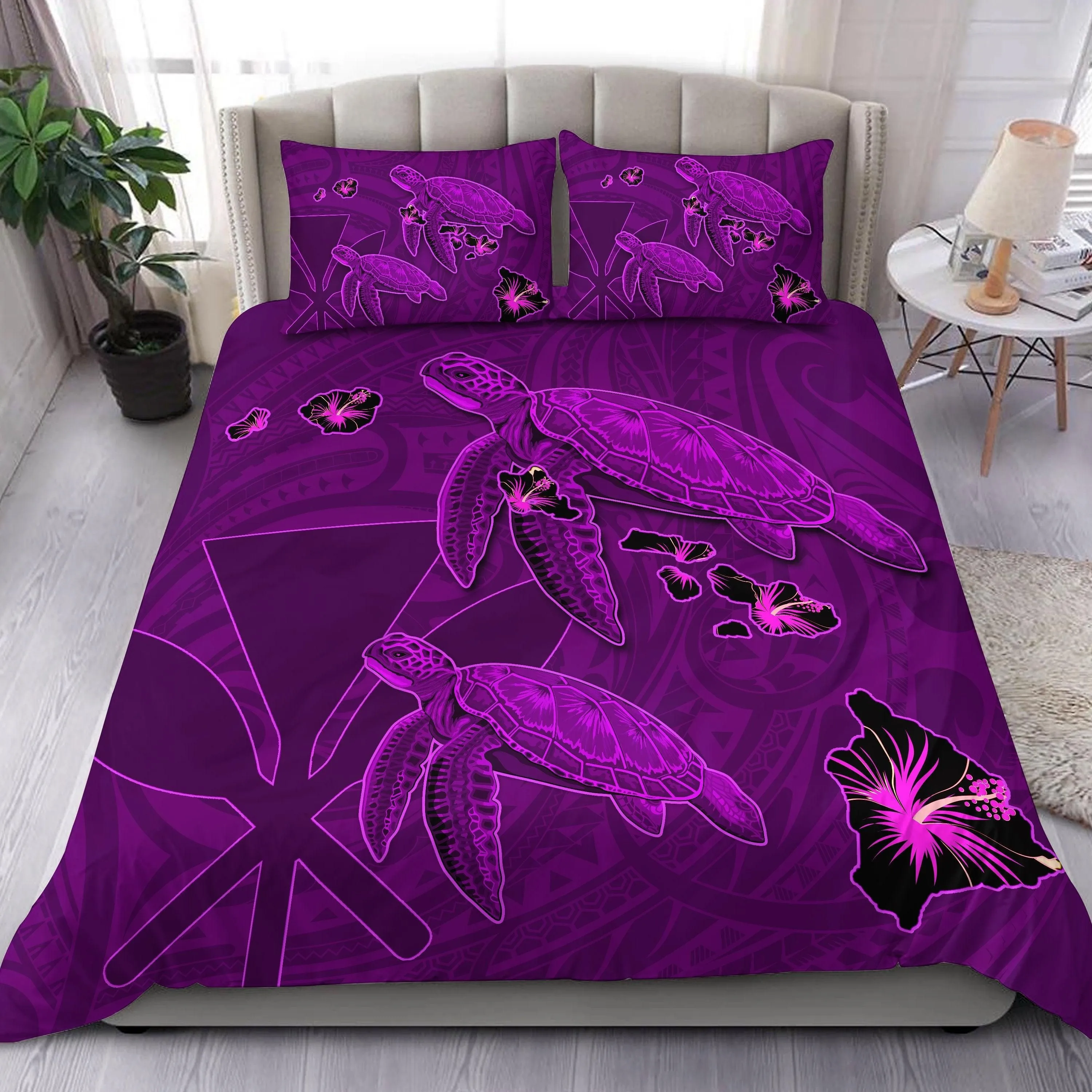 Hawaii Turtle Hibiscus Kanaka Map Bedding Set - Violet - Aura Style - AH