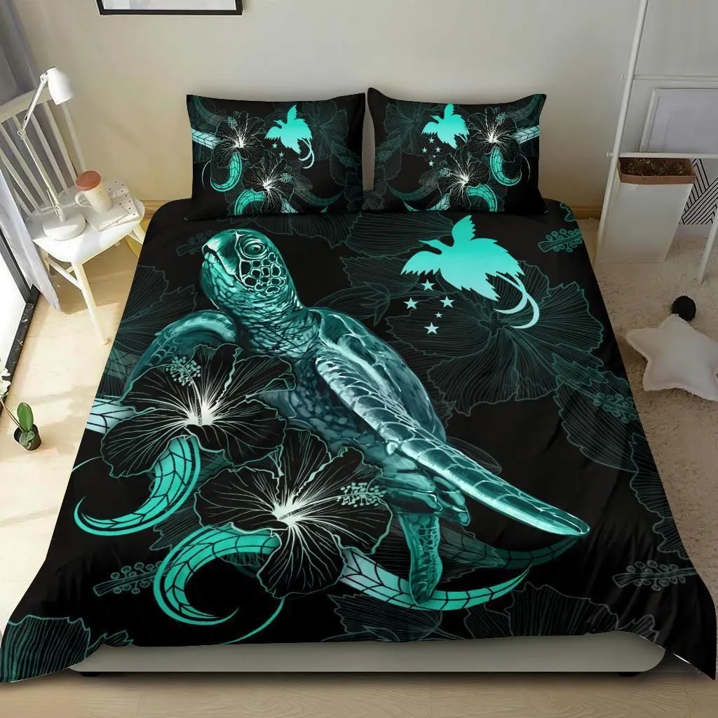 Papua New Guinea Polynesian Bedding Set - Turtle With Blooming Hibiscus Turquoise