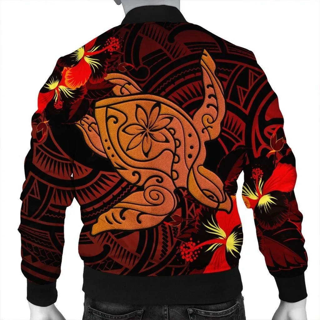 Hawaiian Hibiscus Plumeria Red Big Turtle Polynesian Bomber Jacket - AH