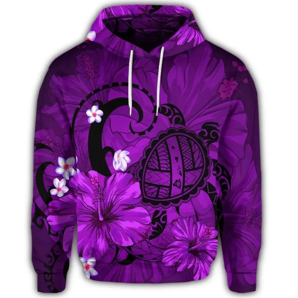 Alohawaii Hoodie - Hawaiian Map Big Turtle Hibiscus Plumeria Tribal Polynesian Hoodie - Purple - AH - J6R