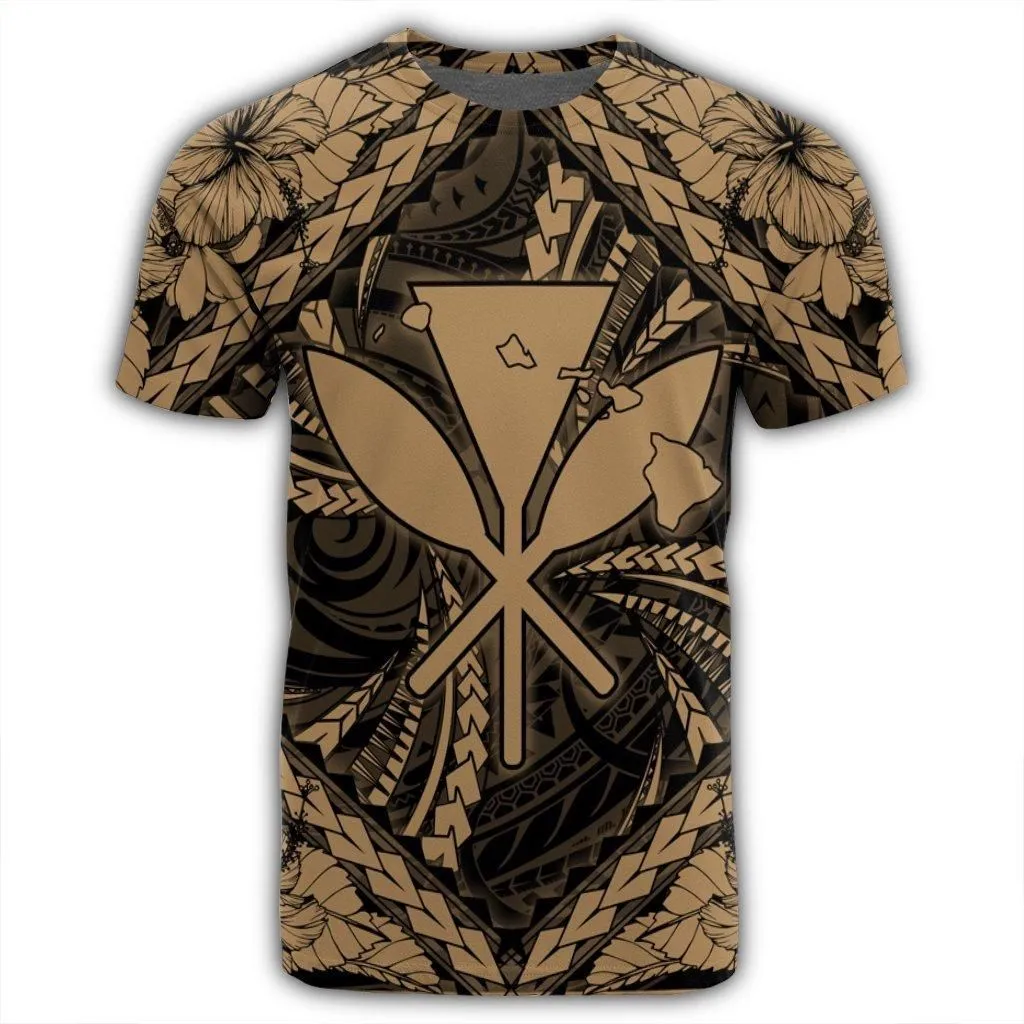 Hawaiian Map Kanaka Hibiscus Gold Polynesian T-Shirt - AH