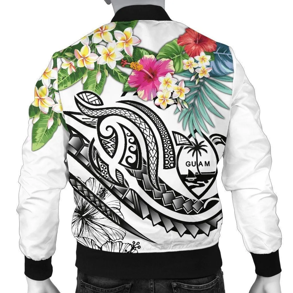 Guam Polynesian Mens Bomber Jacket - Summer Plumeria (White)