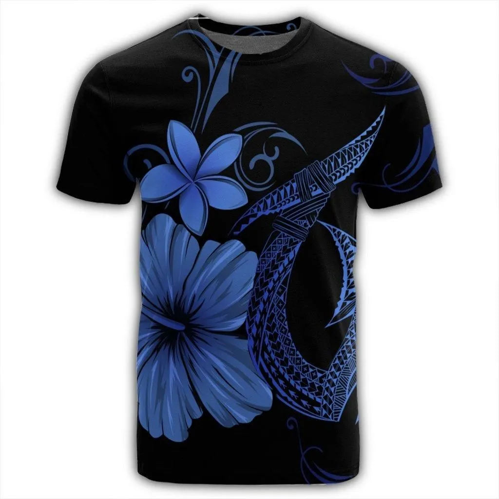 Hawaiian Fish Hook Hibiscus Plumeria Polynesian T-Shirt - Blue - AH