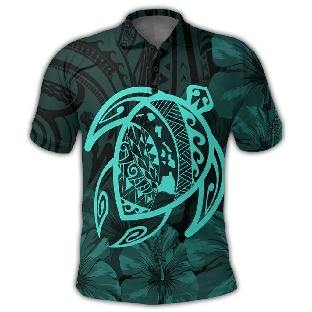 Hawaiian Map Turtle Kanaka Hibiscus Polynesian Polo Shirt - Turquoise - AH