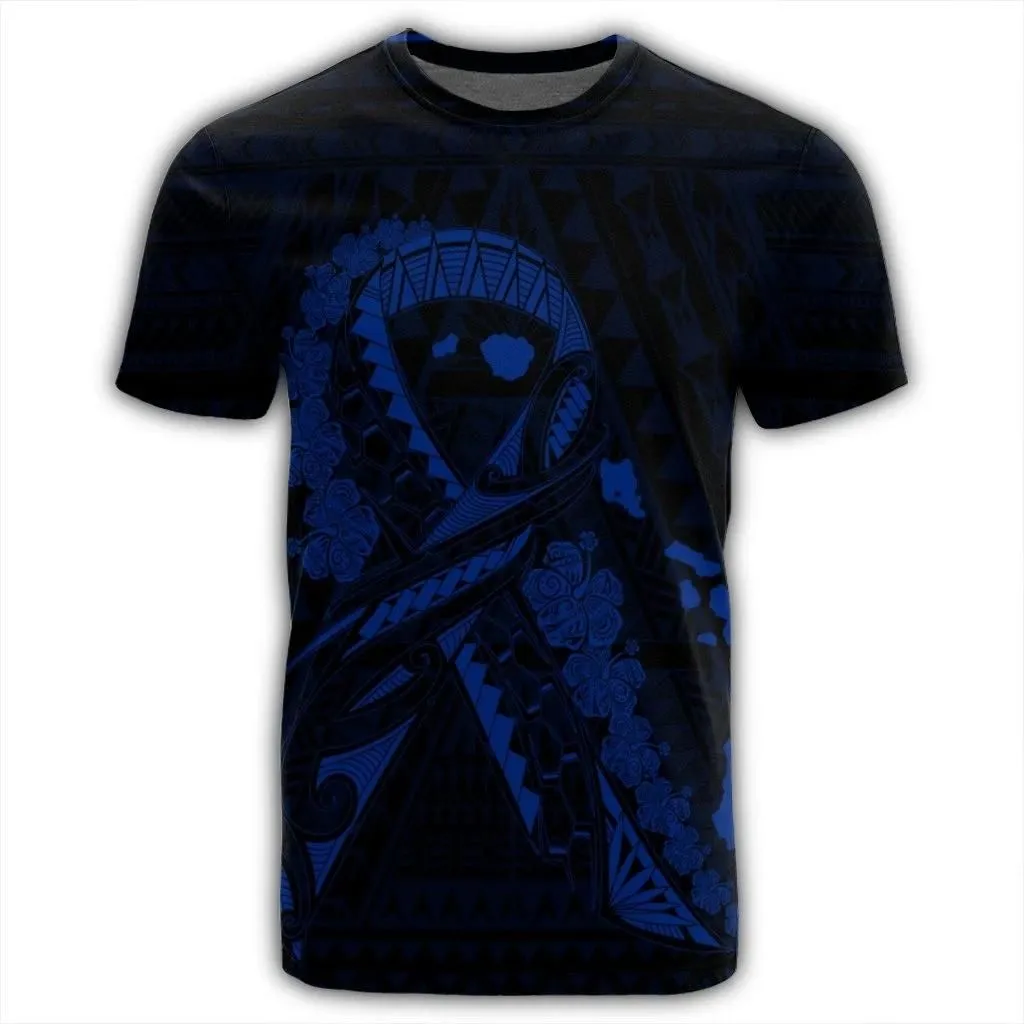 Alohawaii Tee - Hawaiian Map Heart Ribbon Cancer Hibiscus Blue Polynesian T-shirt AH - J4R