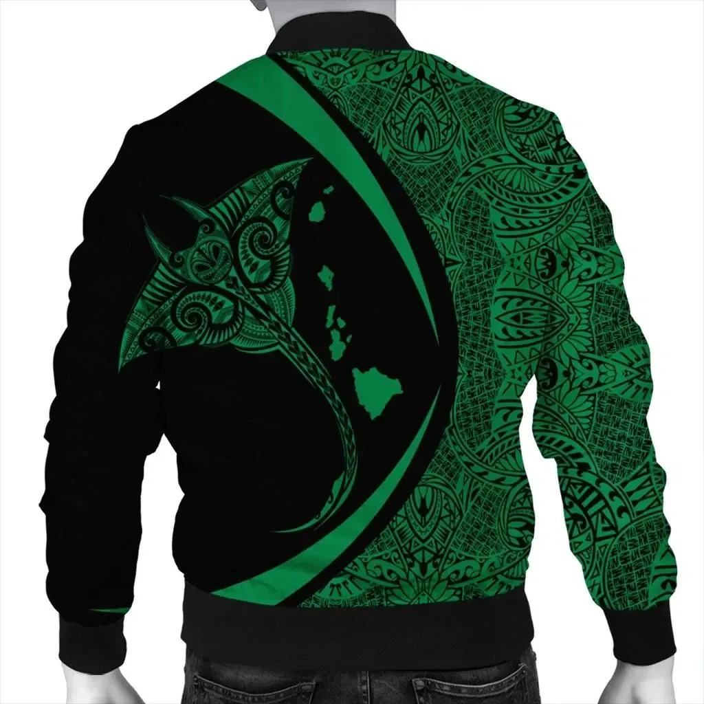FamilyGater Jacket - Hawaiian Map Manta Ray Polynesian Bomber Jacket - Green - Circle Style - AH - J4R