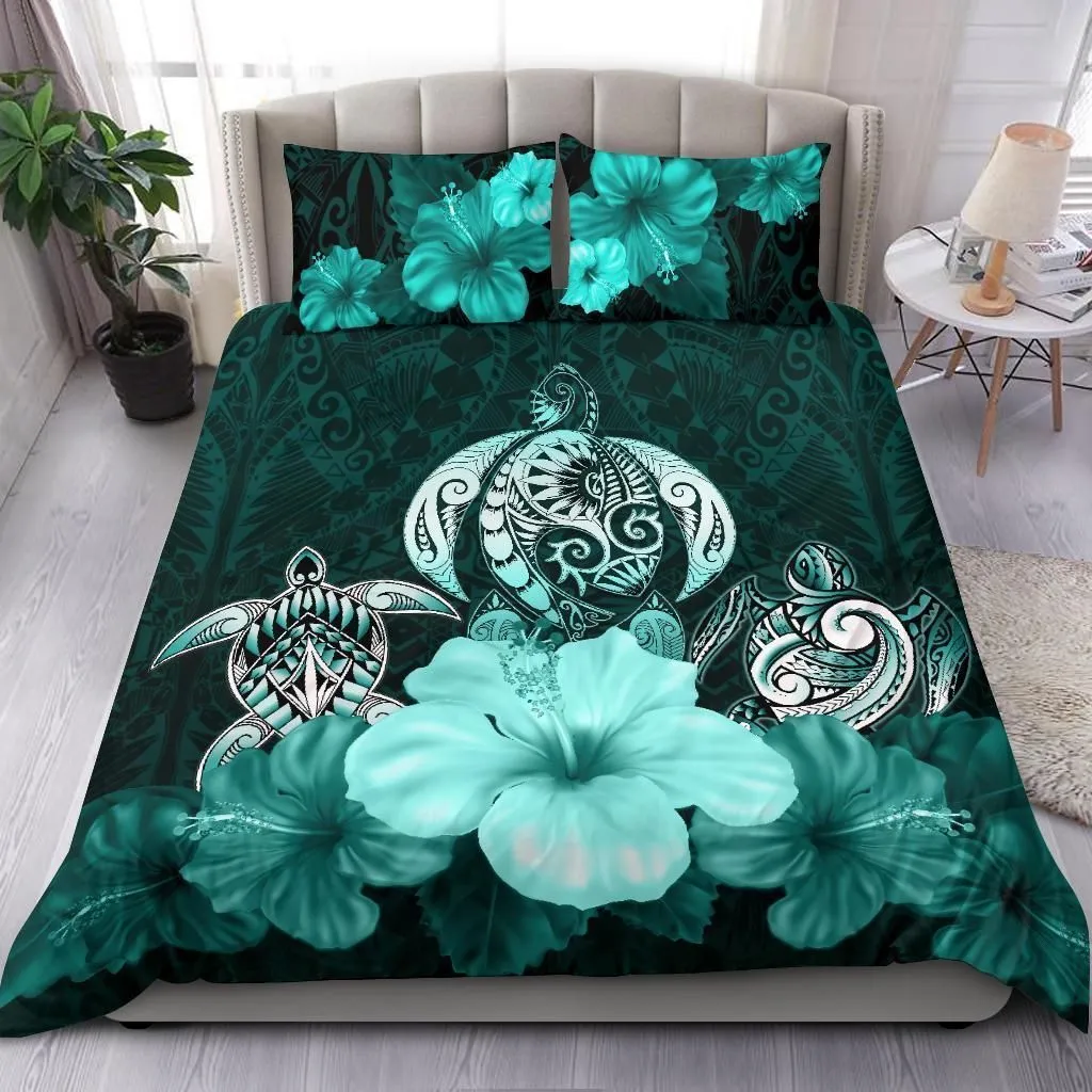 Three Turtle Polynesian Bedding Set Hibiscus Turquoise
