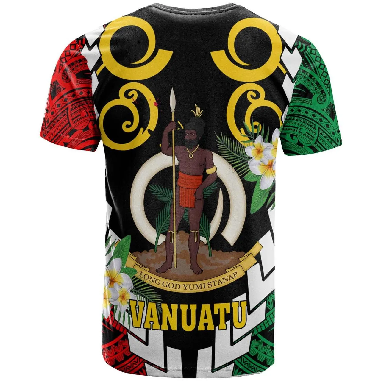 Vanuatu T-shirt - Custom Vanuatu Independence Anniversary Plumeria Flower and Polynesian Patterns T-shirt