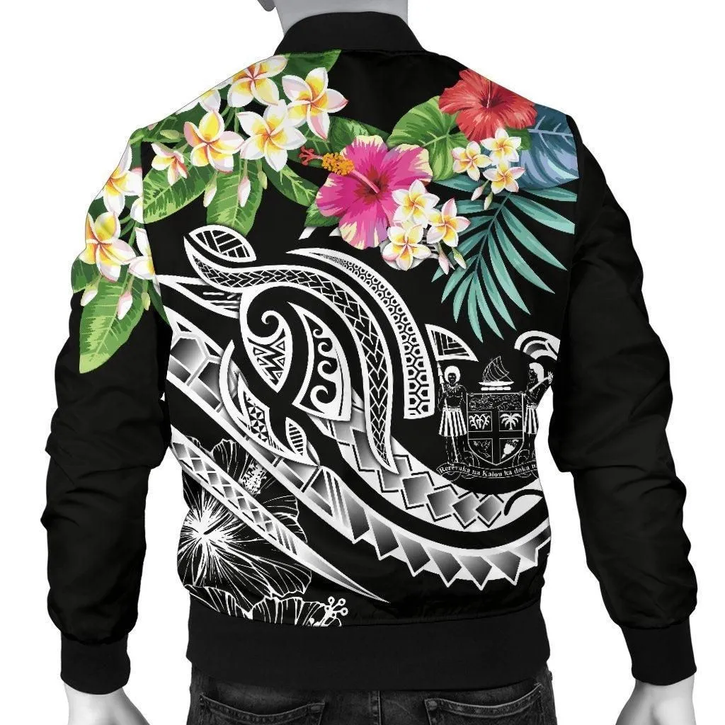 Fiji Polynesian Mens Bomber Jacket - Summer Plumeria (Black)