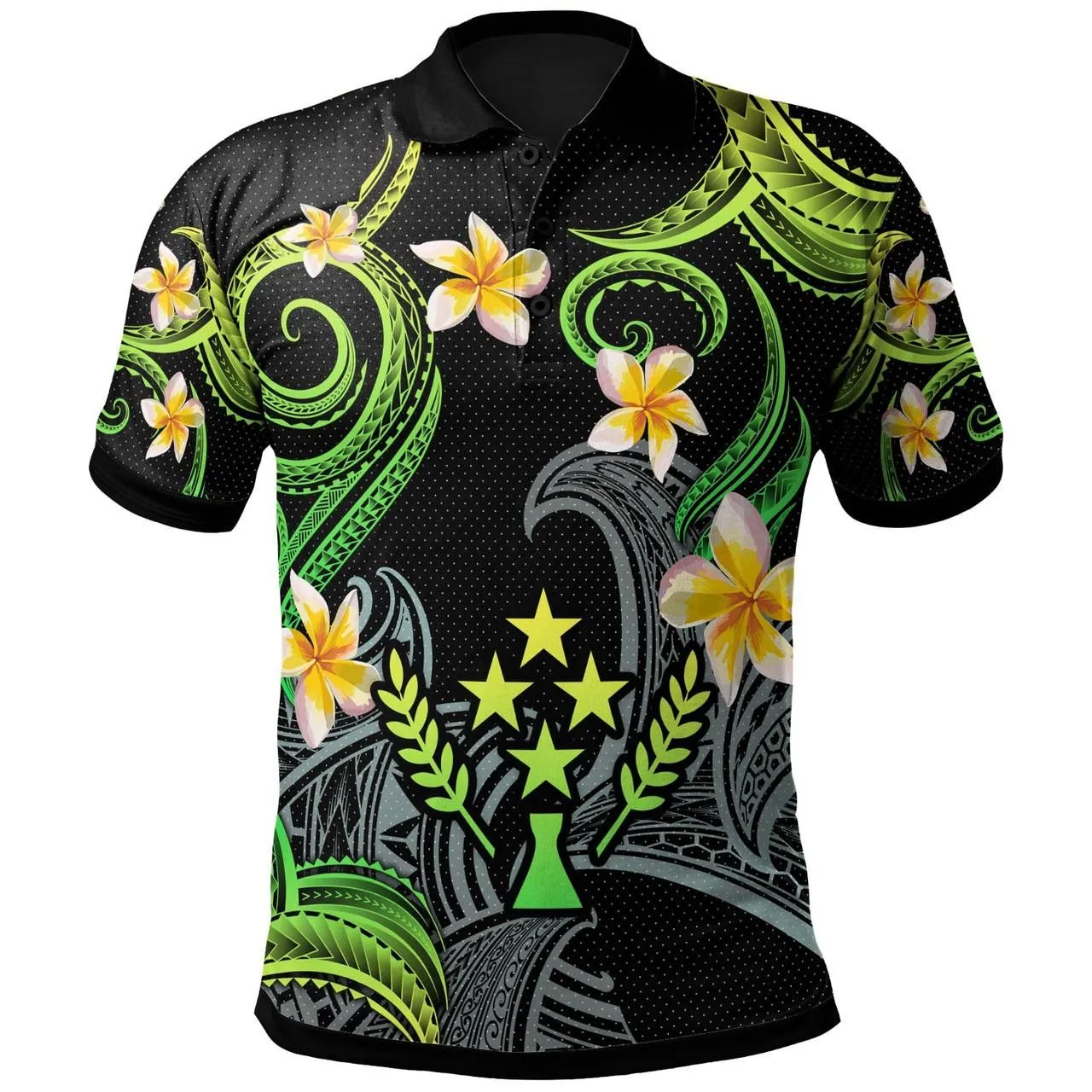 Kosrae Polo Shirt - Custom Personalised Polynesian Waves with Plumeria Flowers (Green)