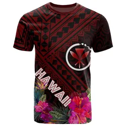 Hawaii T-Shirt - Kanaka Maoli With Hibiscus On Polynesian Patterns (RED)